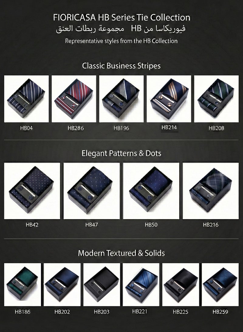 FIORICASA Men's 4-Piece Tie Gift Set - Navy Blue Geometric Plaid Necktie with Pocket Square, Cufflinks and Silver Tie Clip - Formal Business & Wedding Accessory Box - Image 5